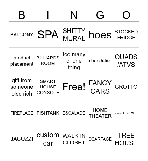 MTV Cribs Bingo Card