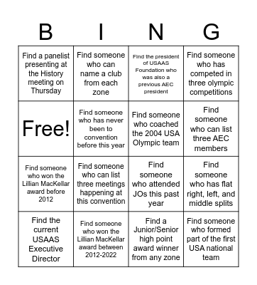 USAAS GET TO KNOW YOU BINGO *find someone each tile relates to and have them sign the box* Bingo Card