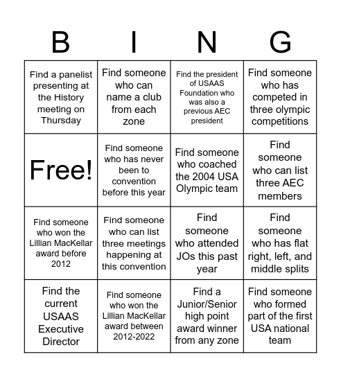 USAAS GET TO KNOW YOU BINGO *find someone each tile relates to and have them sign the box* Bingo Card