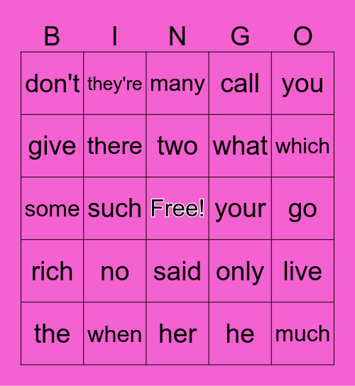 David's Sight Word Bingo 1 Bingo Card