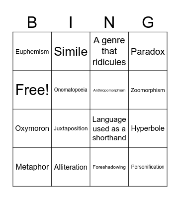 Literary Devices Bingo Card