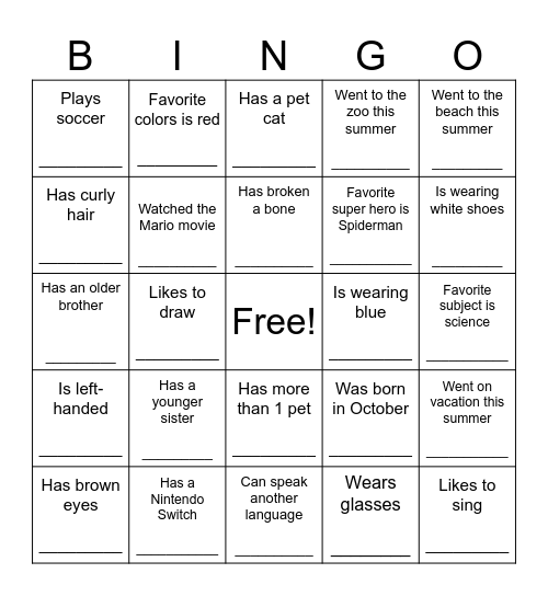Get to Know Each Other Bingo Card