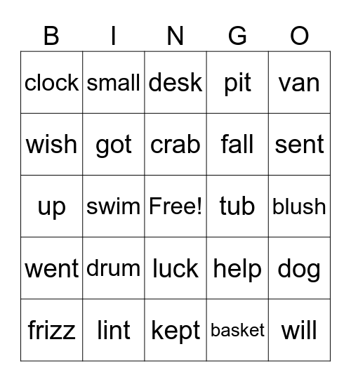 Short Vowel Bingo Card