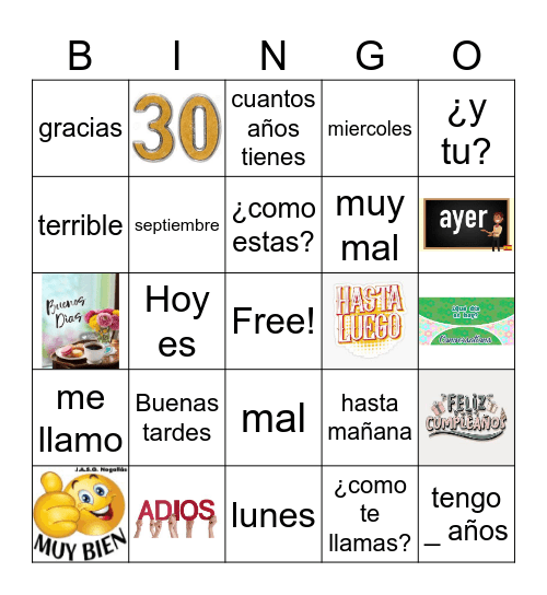 spanish 1 vocabulario Bingo Card