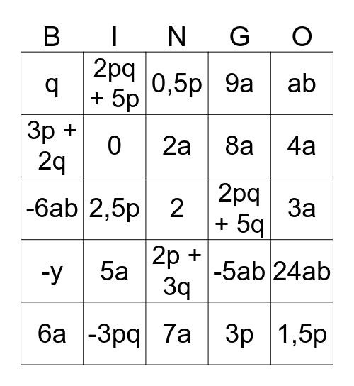 1VHt - Algebra Bingo Card