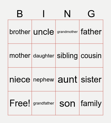 Family Members Bingo Card
