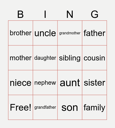 Family Members Bingo Card