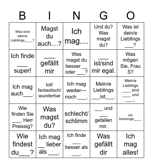 Express "likes" and "preferences" auf Deutsch? Bingo Card