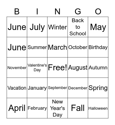 Months, Seasons, Holidays Bingo Card