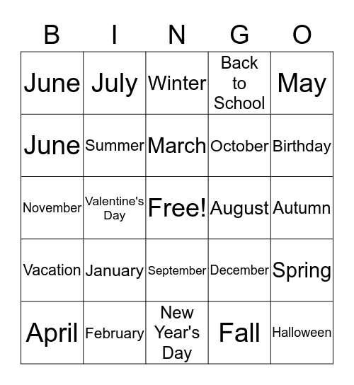 Months, Seasons, Holidays Bingo Card