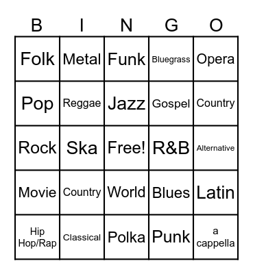 Musical Genre Bingo Card