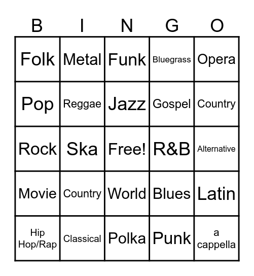 Musical Genre Bingo Card