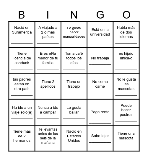 Bingo humano Bingo Card