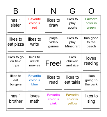 First ay of School Bingo Card