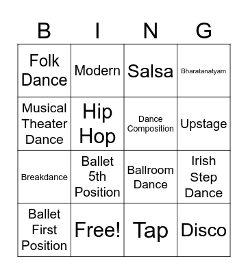 Dance Bingo Card
