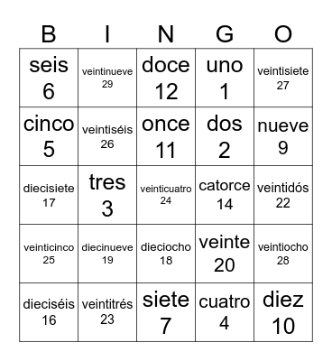 LOS NUMEROS 0-30 Bingo Card