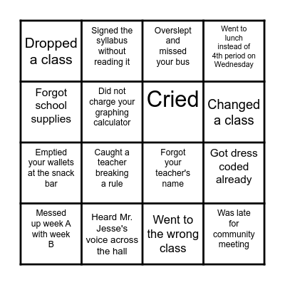 Back to School Bingo Card