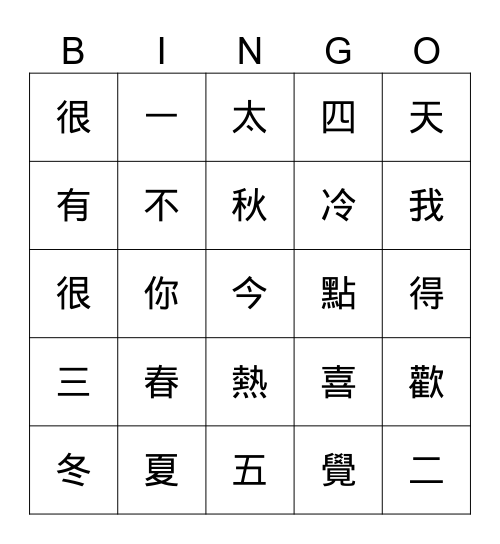 Chinese bingo Card