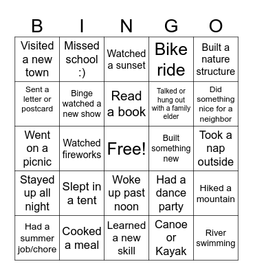 Summer Vacation Bingo Card