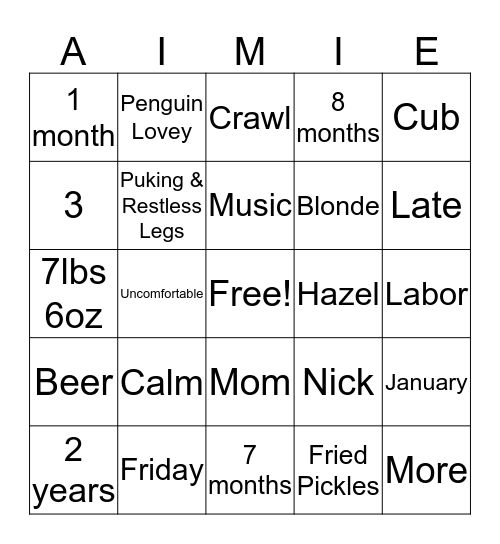 Baby Time Bingo Card