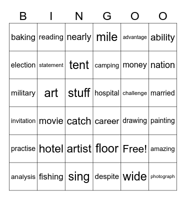 Vocabulary Unit 1 Bingo Card