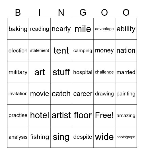 Vocabulary Unit 1 Bingo Card