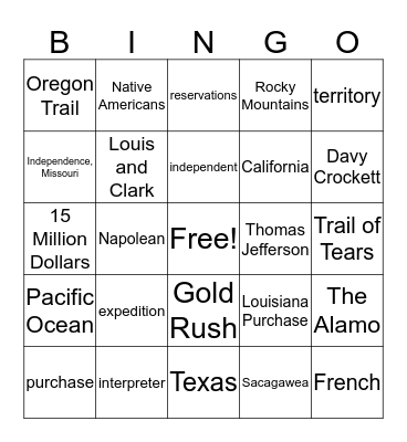 Westward Expansion Bingo Card
