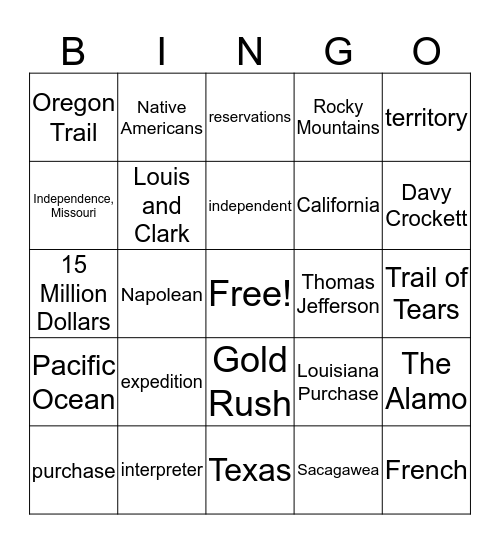 Westward Expansion Bingo Card