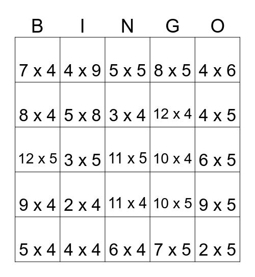 4 and 5 times tables Bingo Card