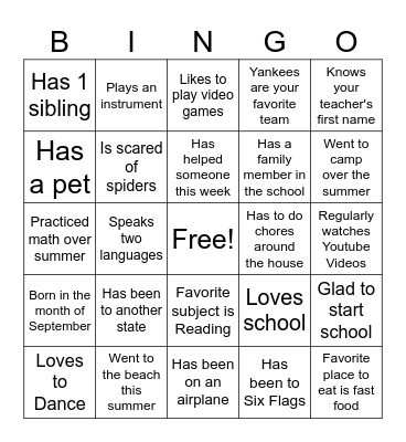 First Day of School Bingo Card