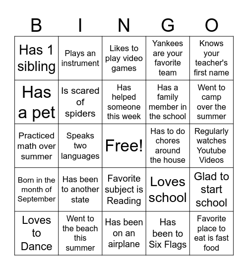 First Day of School Bingo Card