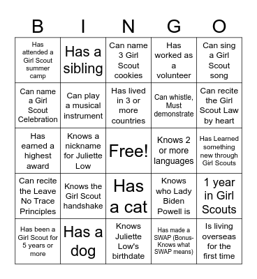 Girl Scout Get-To-Know-You BINGO Card