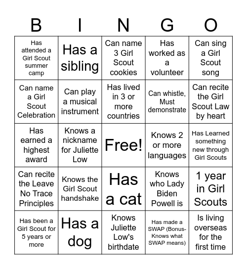 Girl Scout Get-To-Know-You BINGO Card