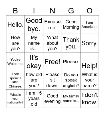 Basic Mandarin Bingo Card