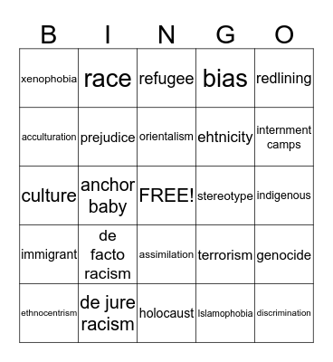 Ethnic Studies Review Bingo Card