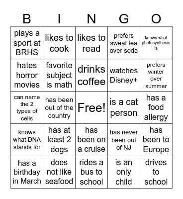 Welcome to Biology Bingo Card