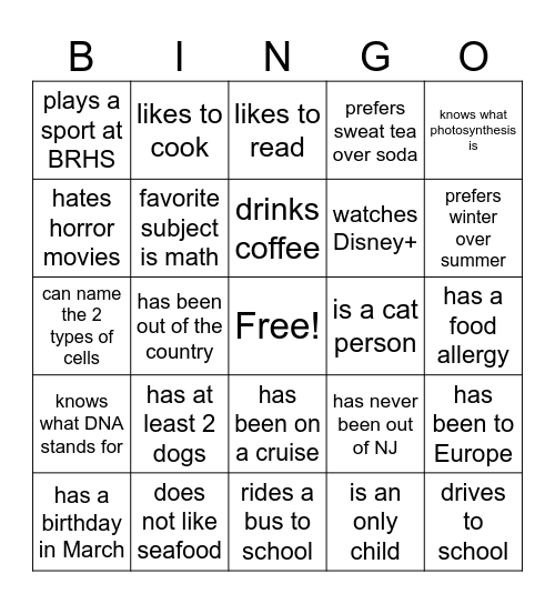 Welcome to Biology Bingo Card