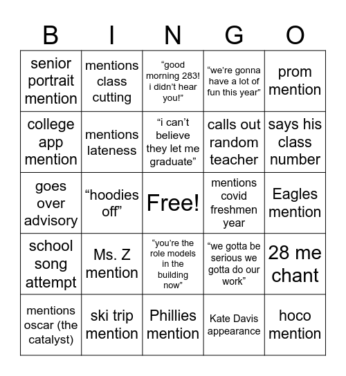 Horwits Assembly Bingo Card