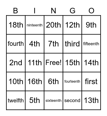 Ordinal Numbers Bingo Card