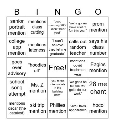 Horwits Assembly Bingo Card