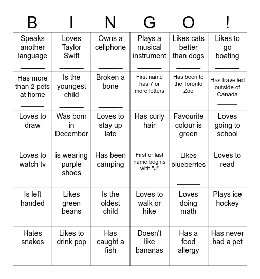 Get To Know You! Bingo Card