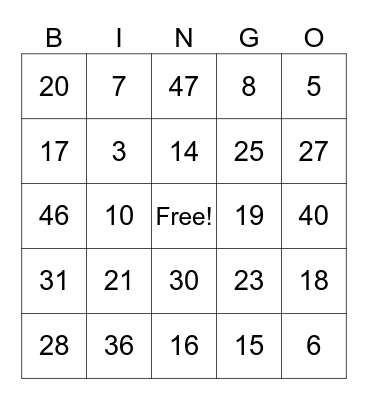 NUMBER BINGO Card
