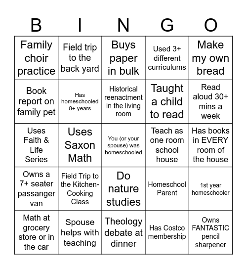 Homeschool Bingo Card