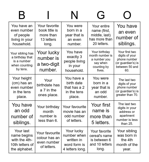 Math Bingo:  Getting To Know My Classmates Bingo Card