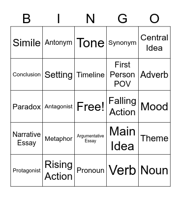 Middle School ELA Bingo Card