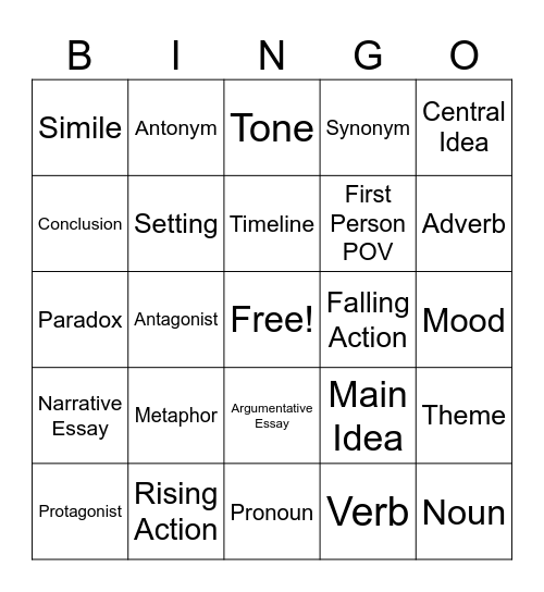 Middle School ELA Bingo Card