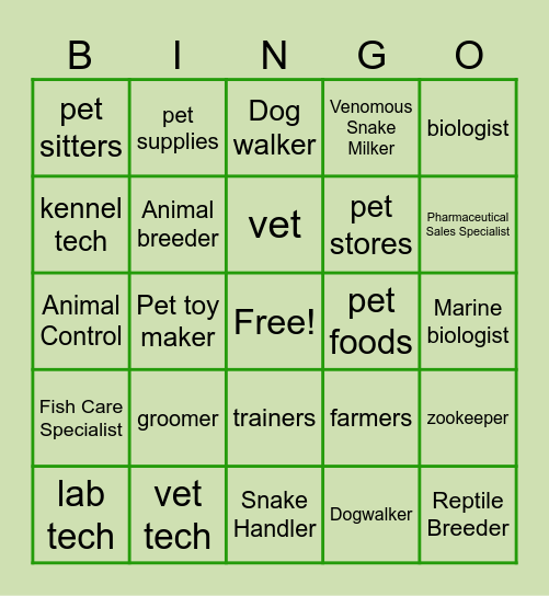 Small Animals Careers Bingo Card