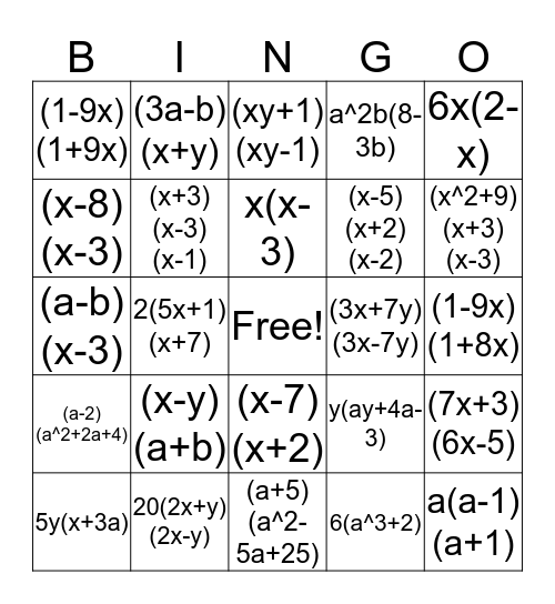 Expansion and Factorisation Bingo Card