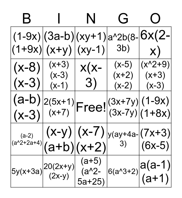 Expansion And Factorisation Bingo Card