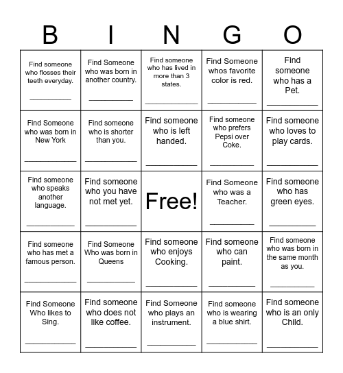 Find Someone Who Bingo Card